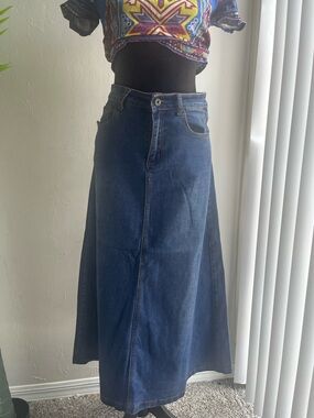 Women's Dark Blue Denim Maxi Skirt - Classic A-Line